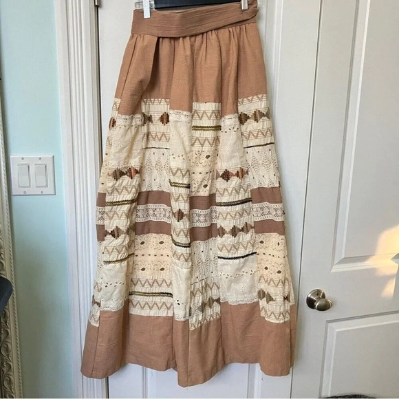 Vintage Shamash & Yofi Creations Tan Cotton Cream Neutral Patchwork Maxi Skirt - Picture 3 of 9